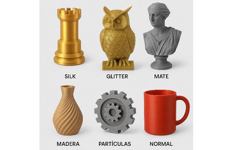 Ejemplos de piezas impresas con filamento PLA y diferentes acabados que podemos obtener